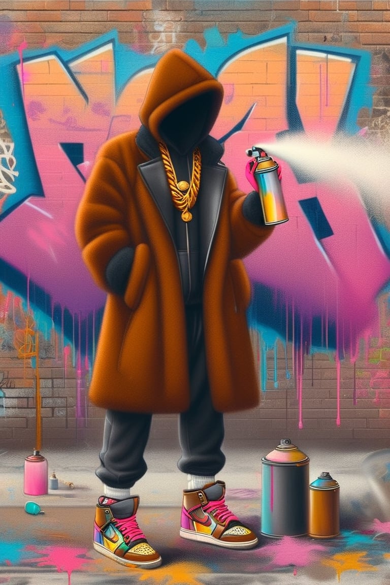 electricboogaloostyle, no face, solo, jewelry, standing, full body, shoes, pants, hood, necklace, coat, mask, chain, sneakers, hands in pockets, paintbrush, brick wall, paint splatter, gas mask, paint, chain necklace, gold chain, graffiti, spray can