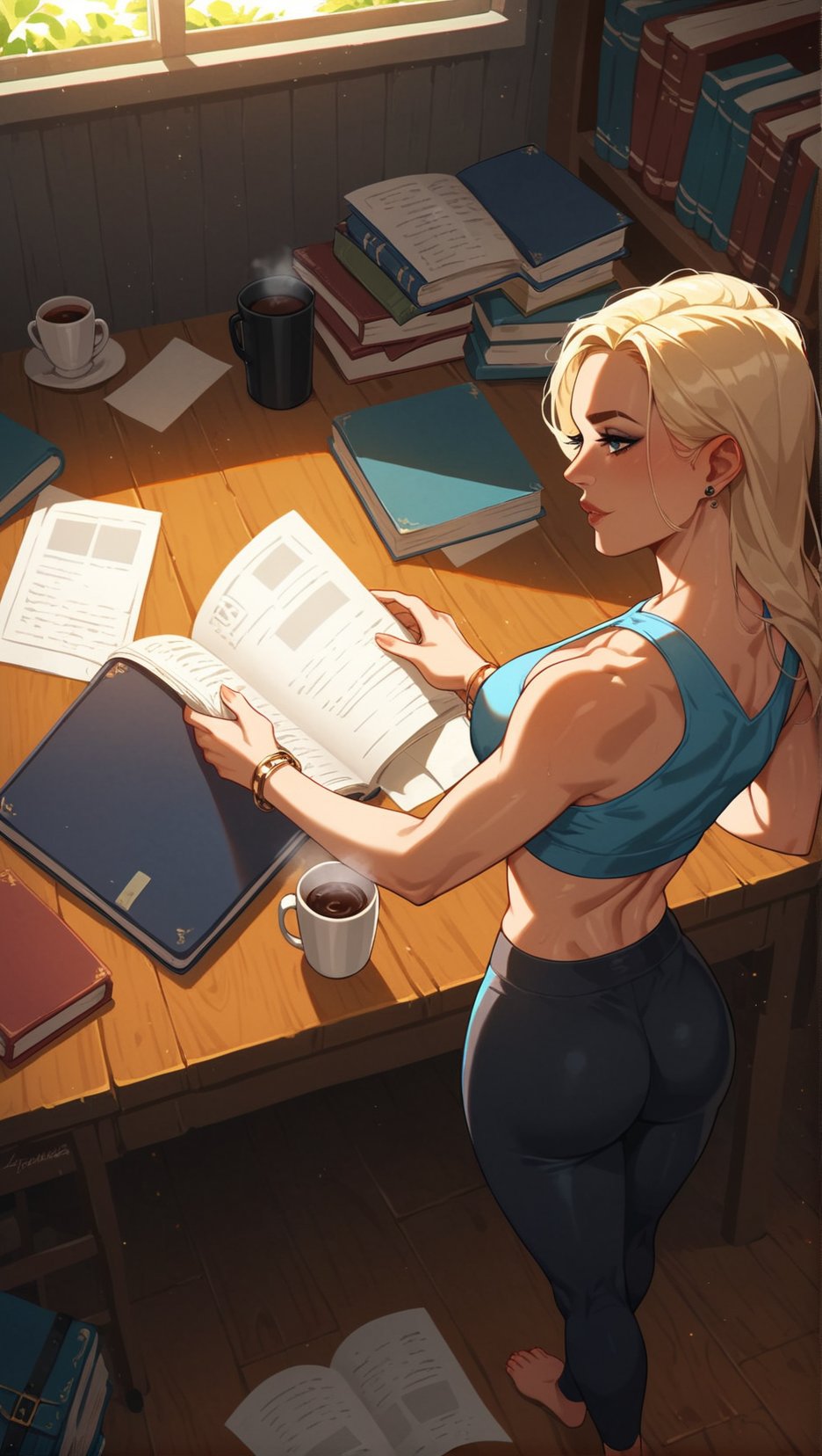 score_9, score_8_up, score_7_up, rating_questionable,Woman, wearing yoga pants, leaning on a wooden desk, surrounded by scattered papers, books, and a laptop, with a cup of coffee beside her, warm interior lighting, subtle shadows, soft,Cinematic photography, movie mood, cinematic light, compelling composition, storytelling elements, conveys emotion, mood, and narrative depth, creating visually striking images that feel like still frames from a film, blonde hair