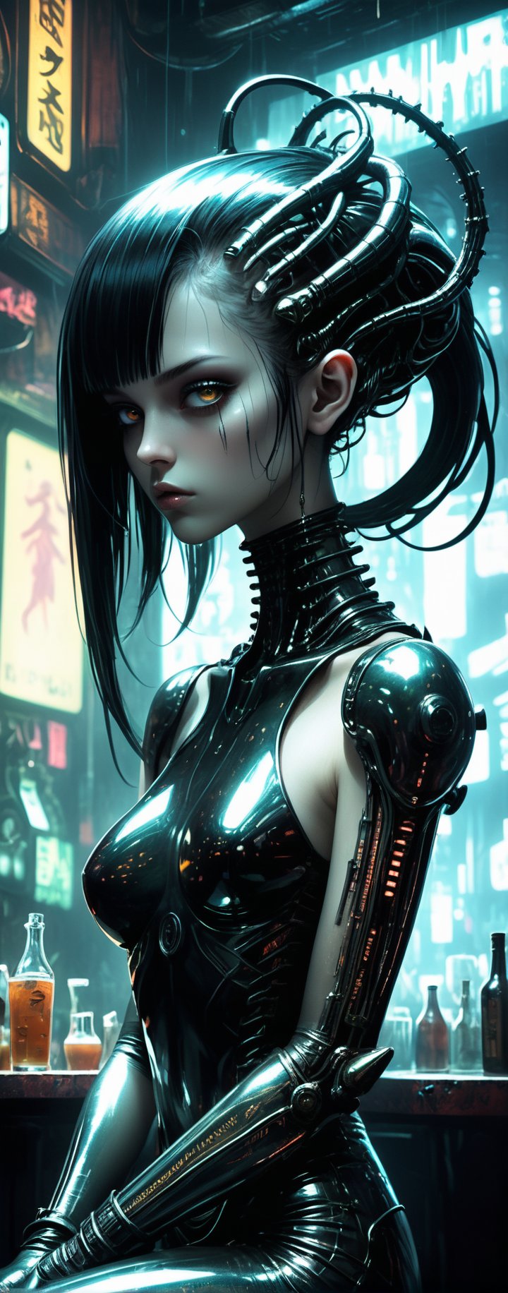 (By Lovecraft, Shinkai, Giger) a beautiful 20 year old alternative replicant beauty, sitting at a blade runner bar, blown glass aesthetics, metallic atmosphere, atomic neon, timeshift reflections, 