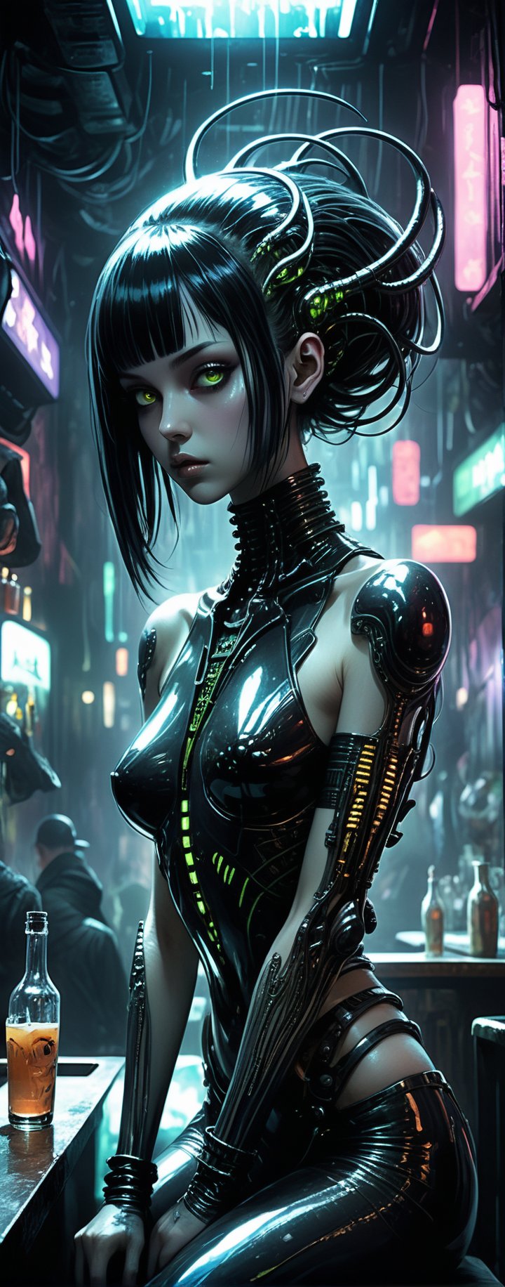 (By Lovecraft, Shinkai, Giger) a beautiful 20 year old alternative replicant beauty, sitting at a blade runner bar, blown glass aesthetics, metallic atmosphere, atomic neon, timeshift reflections, 