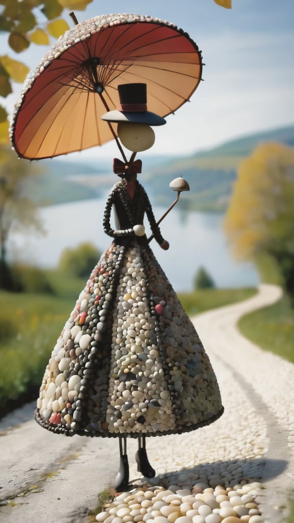 A whimsical character made out of smooth river pebbles. Dressed elegantly. Holding a parasol. Strolling on a country road. Inspired by Katia Chausheva's viennese actionism.