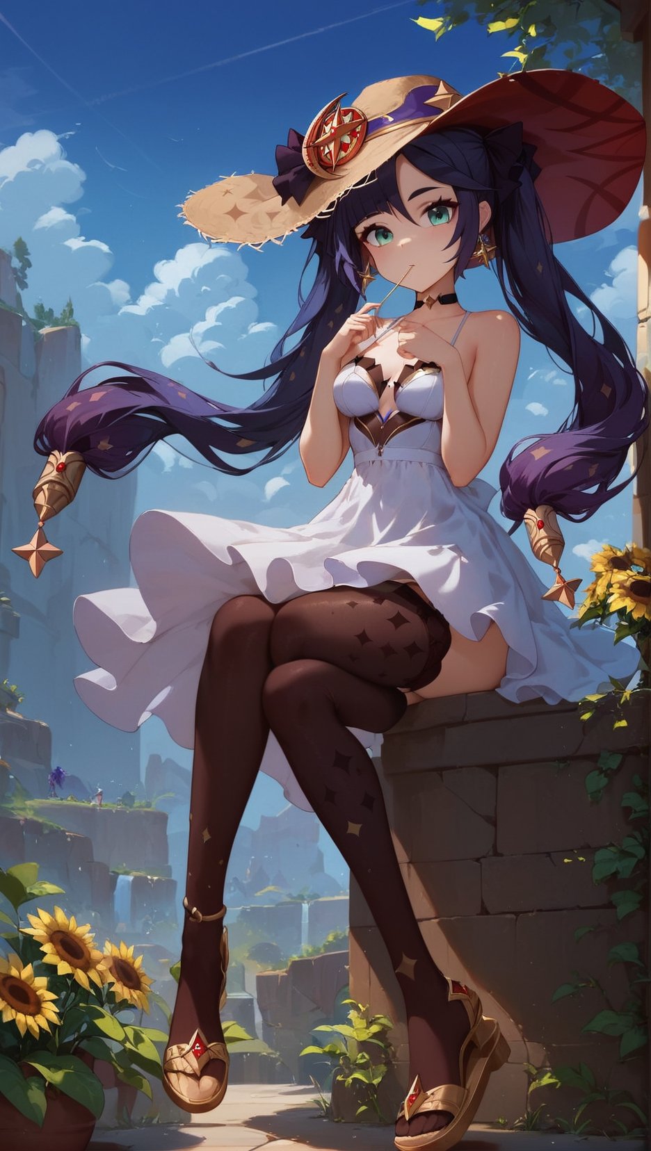 score_9, score_8_up, score_8_up, rating_safe, 4RCH0N, Expressiveh, ear piercings, cliff background, looking at viewer, shiny skin,mona_(genshin_impact), genshin_impact, 1girl, black_hair, green_eyes, stockings, sundress, straw_hat, sandals, sunflowers,concept art