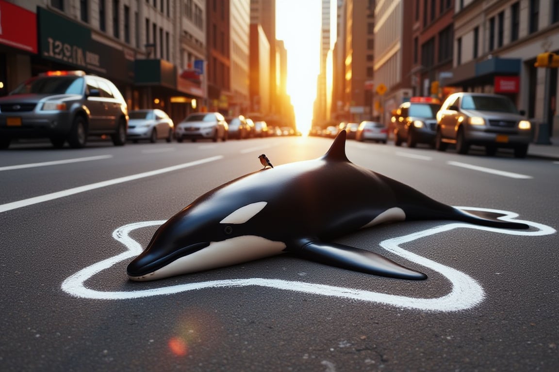 A killer whale lying dead on the asphalt on a busy city street at sunrise. A thick white chalk outline surrounds the body, depicting a crime scene. A little bird is perched on the body