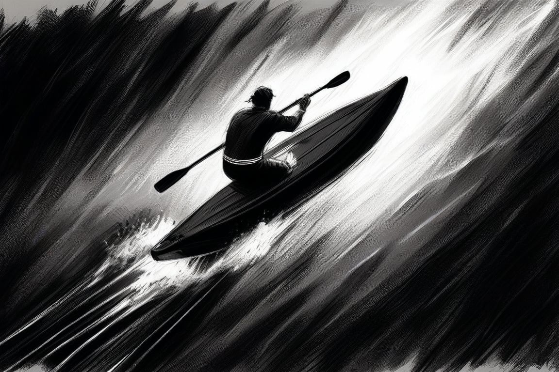 Fine charcoal illustration on canvas, Olympic canoeist, dynamic paddling, 
 single oar, slalom course, wild water, from above, Clean line art, Expressive lines, Painting in an expressive sketch style, hatching, Black and white sketch, handpainted, AAch4rc04l