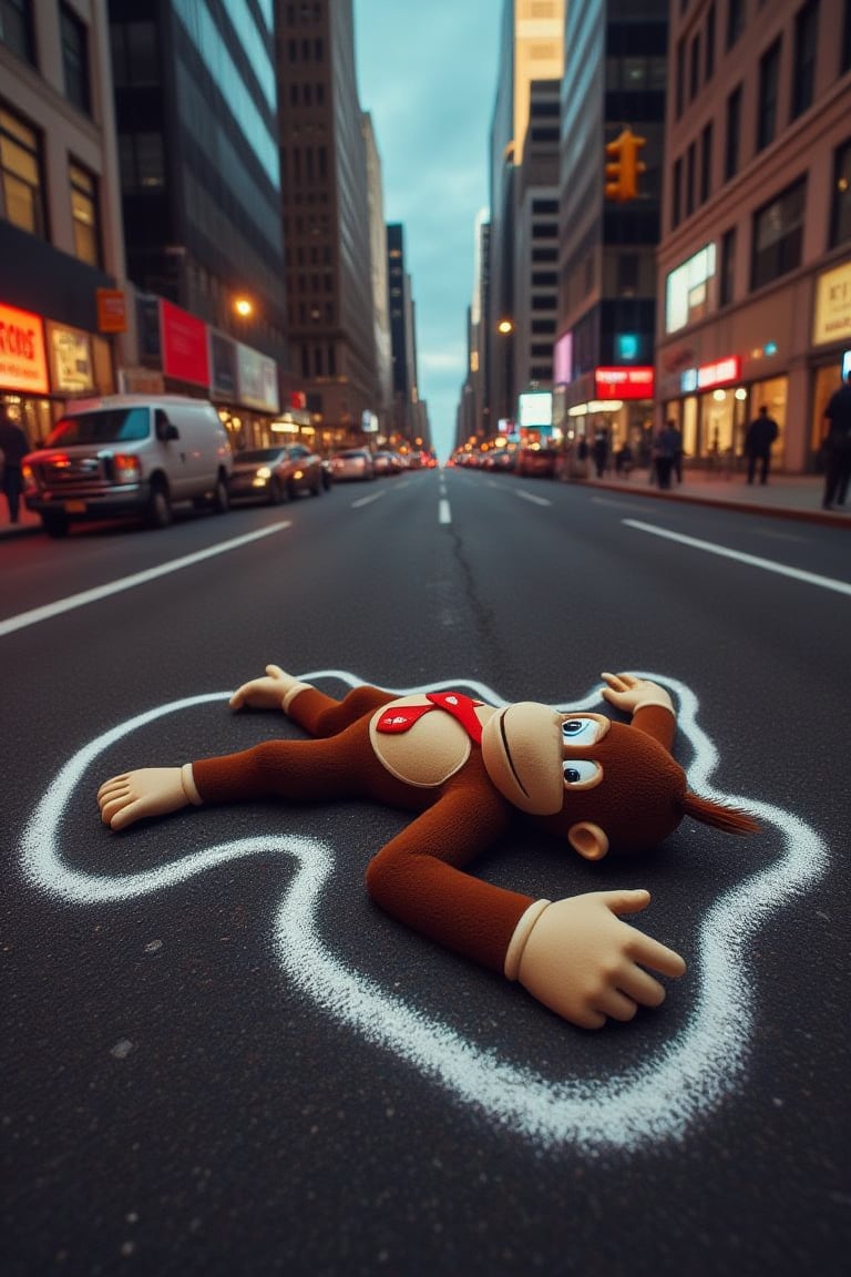 Donkey Kong lying on his back on the asphalt on a busy city street at dusk. Surrounding the body is a thick white chalk outline, depicting a crime scene.