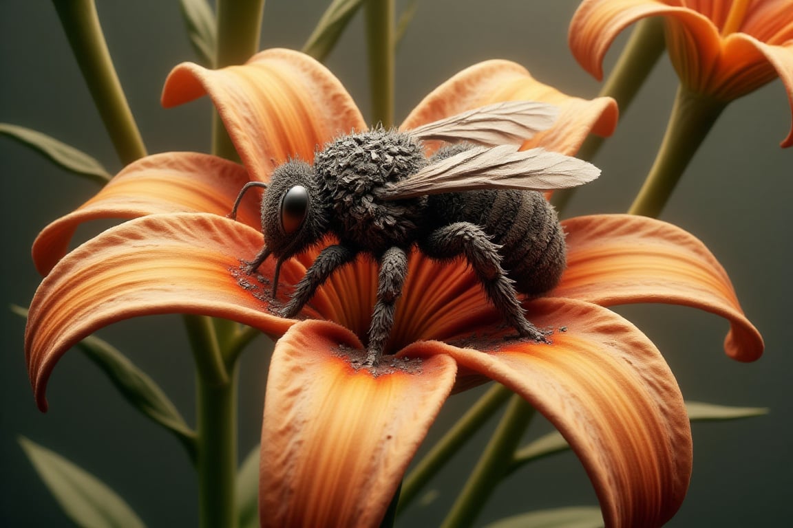 A highly detailed SponHumC0mbu5t style beautiful bumble bee, delicately perched on a lily petal collecting pollen. The bee body is completely made of ash. The lily is real. 