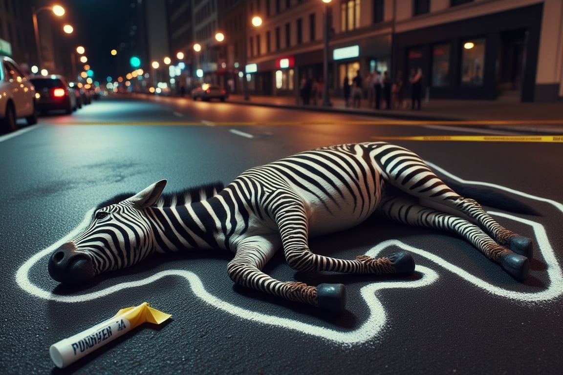 A highly detailed realistic image of a zebra lying dead on the asphalt on a busy city street at night. The body is surrounded with a white chalk outline depicting a crime scene.