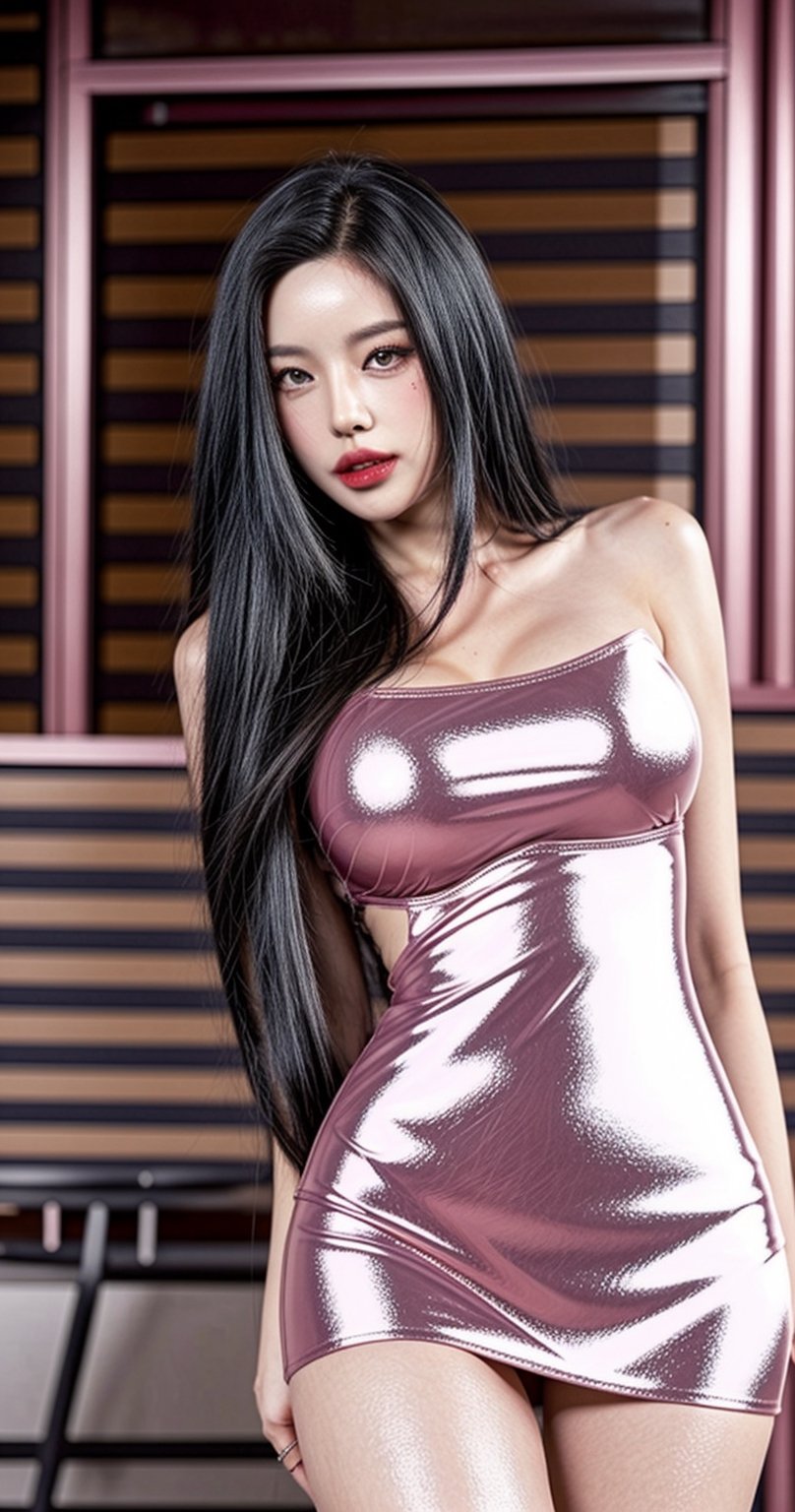 1girl, solo, long hair, huge breasts, looking at viewer, black hair, dress that clearly shows body line, brown eyes, cowboy shot, parted lips, sleeveless, blurry, (metallic pink latex dress), lips, blurry background, realistic, (from below:1.3), smirk,,,,<lora:659111690174031528:1.0>