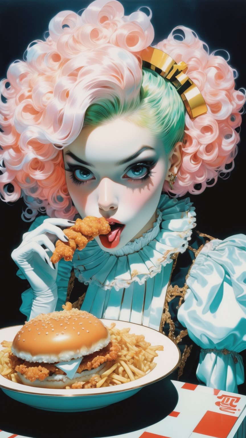 anime_artwork,  rococo,  grand_photograph,  polaroid,  annoyed_girl,  eating KFC chicken,  neon_glowing_hair,  canon_5d_mark_4,  neon_light,  kodak_ektar,  flamboyant,  pastel_colors,  curved_lines,  elaborate_detail,  rococo,  art by j.c. leyendecker