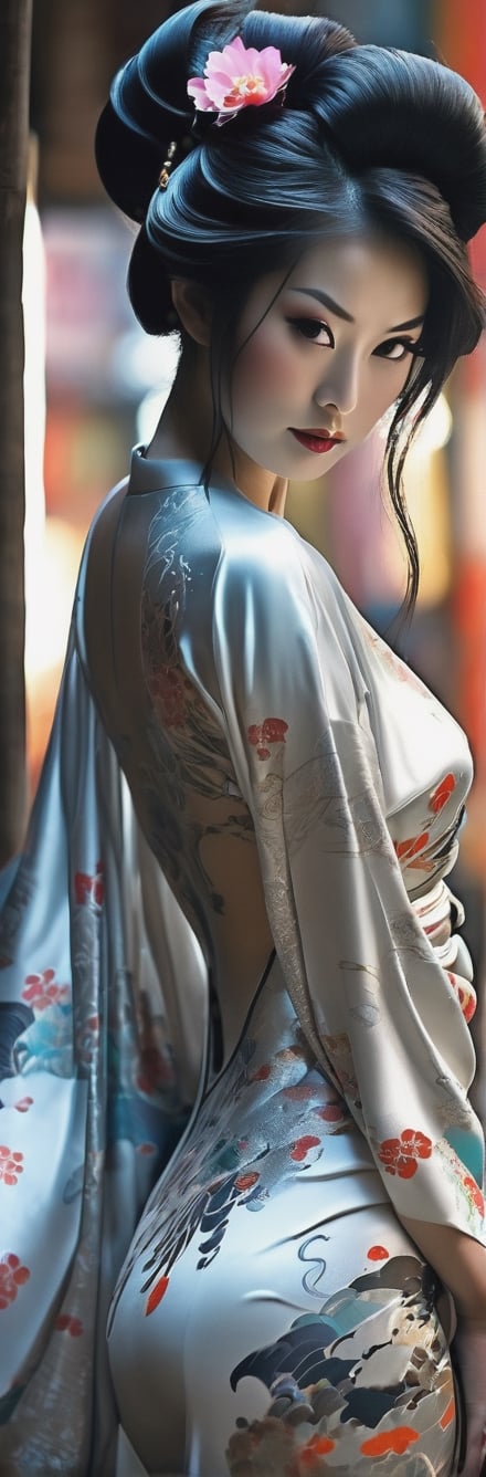 A Japanese woman in her twenties made of shiny white and silver translucent glass and plastic, slim voluptuous huge cleavage Geisha, geisha makeup and hairstyle, beautiful irezumi tattoos up and down her legs, Silver metal interior, dynamic poses, flowing organic structure, Glowing golden circuit, colorful neon decoration, light emitting circuit, neon decoration, Depth of field focus f/2.8