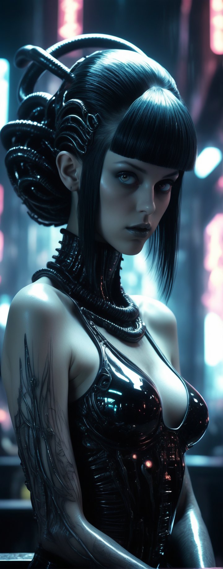 (By Lovecraft, Shinkai, Giger) a beautiful 20 year old alternative replicant beauty, big breasts, sitting at a blade runner bar, blown glass aesthetics, metallic atmosphere, atomic neon, timeshift reflections, 