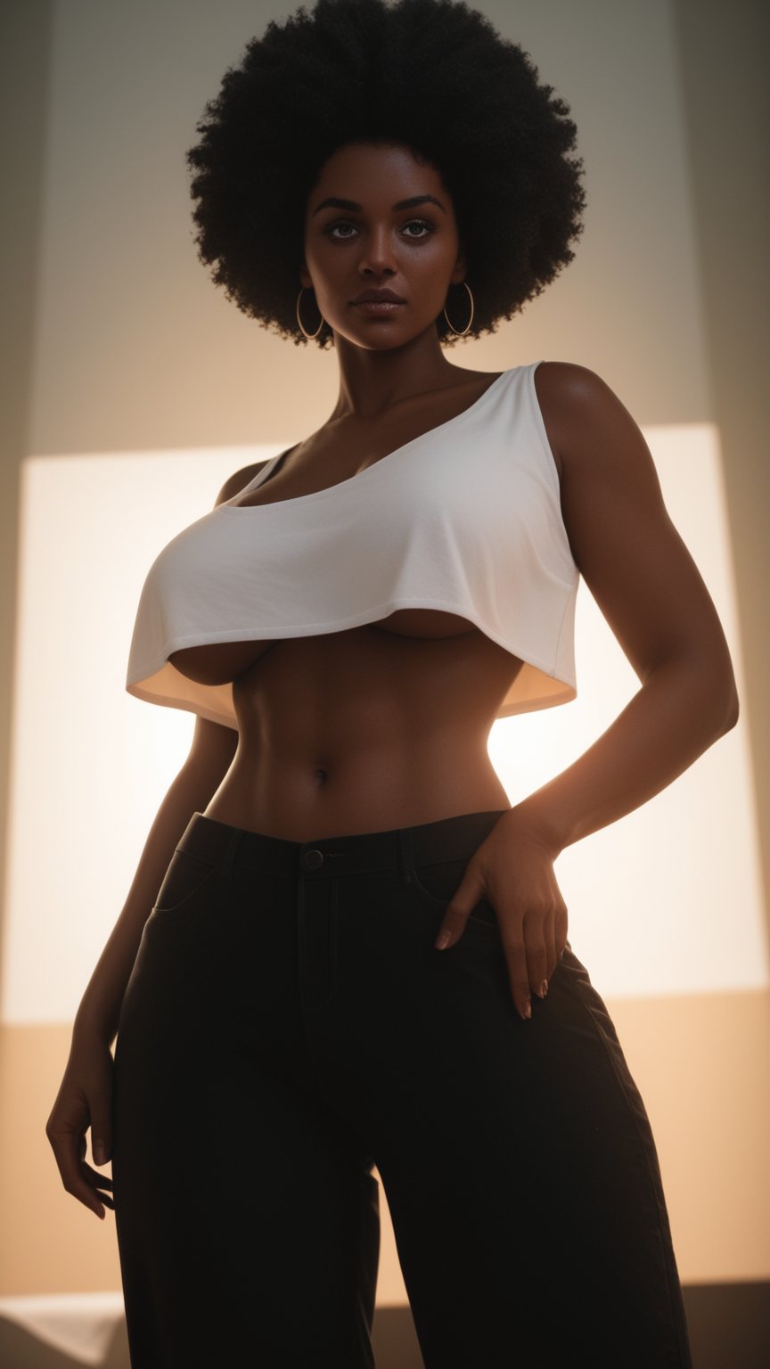 score_9, score_8_up, score_7_up, BREAK, cute, round face, long wild black hair, alternative vibe, 25 year old, (Afro-Cuban  female:1.3), dark skin, beautiful brown eyes, extra large breasts, subtle cleavage, (cozy lounge), oversized white crop top, pyjama pants, dynamic angle, vibrant lighting, high contrast, dramatic shadows, highly detailed, detailed skin, depth of field, film grain