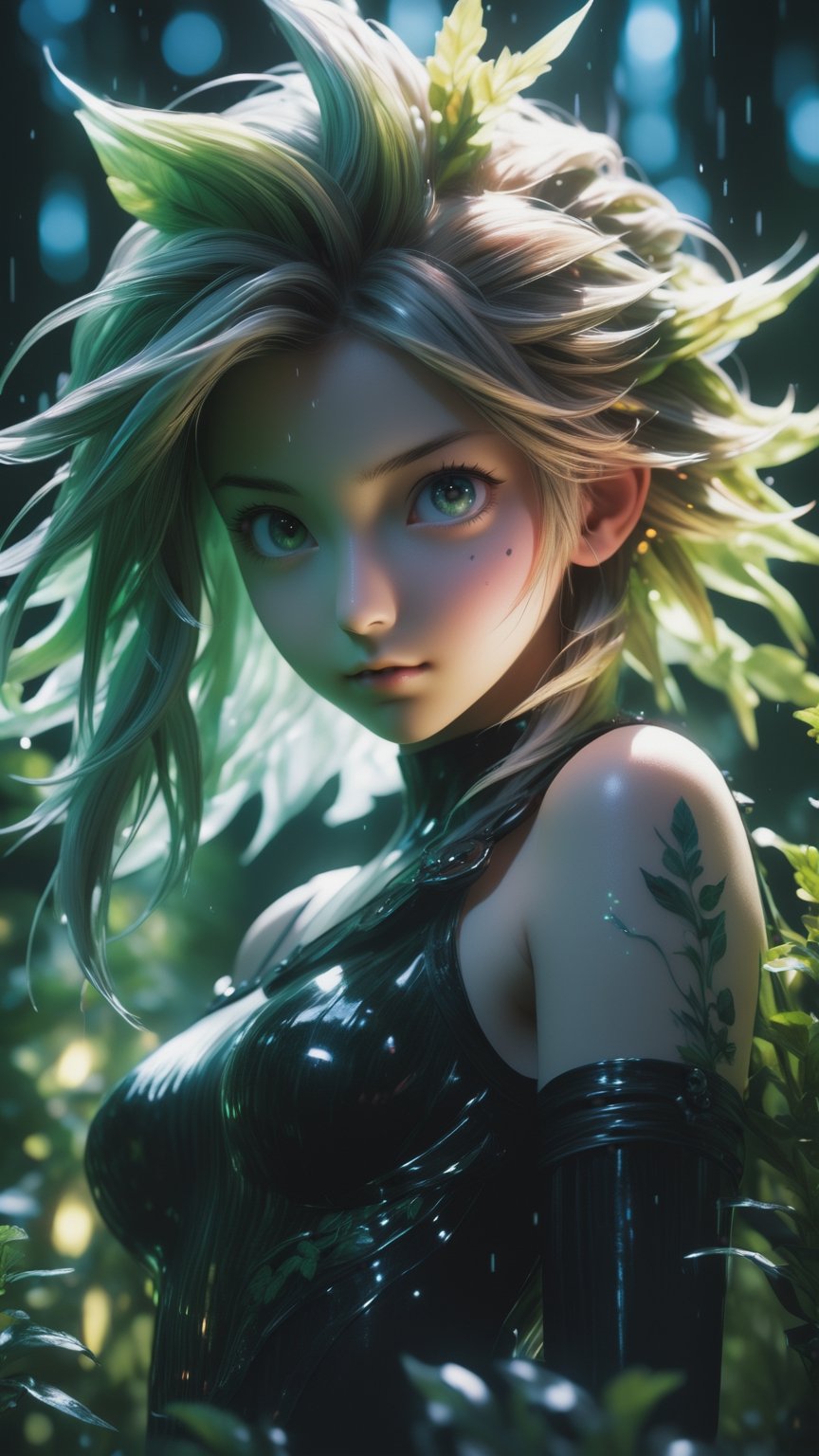 Cinematic of fairy girl,  cool_vibe,  small_nose,  (èå°å°),  glowing_eyes,  realistic artwork,  high detailed,  professional,  upper body photo of a transparent porcelain cute creature looking at viewer,  with glowing backlit panels,  anatomical plants,  dark forest,  grainy,  shiny,  with vibrant colors,  colorful,  ((realistic skin,  glow, )) surreal objects floating,  ((floating:1.4)),  contrasting shadows,  photographic,  niji style,  1girl,  xxmixgirl,  FilmGirl,  aura_glowing,  colored_aura,  Movie Still,  final_fantasy_vii_remake,  ((big_breast:1.3))