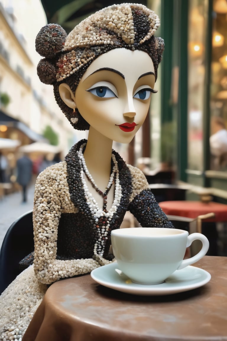 An elegantly dressed girl made of pebbles, sitting at a parisienne cafe drinking a cup of coffee , Inspired by Katia Chausheva's viennese actionism.