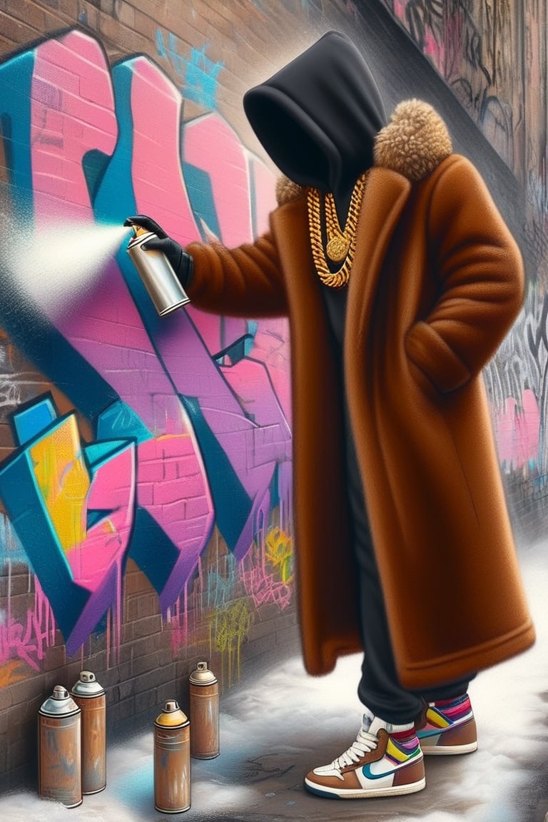 a spraycan in a fur coat electricboogaloostyle, no face, solo, gloves, long sleeves, holding, jewelry, standing, full body, shoes, black gloves, socks, pants, hood, necklace, coat, chain, sneakers, hood up, wall, brown coat, hooded coat, graffiti, spray can