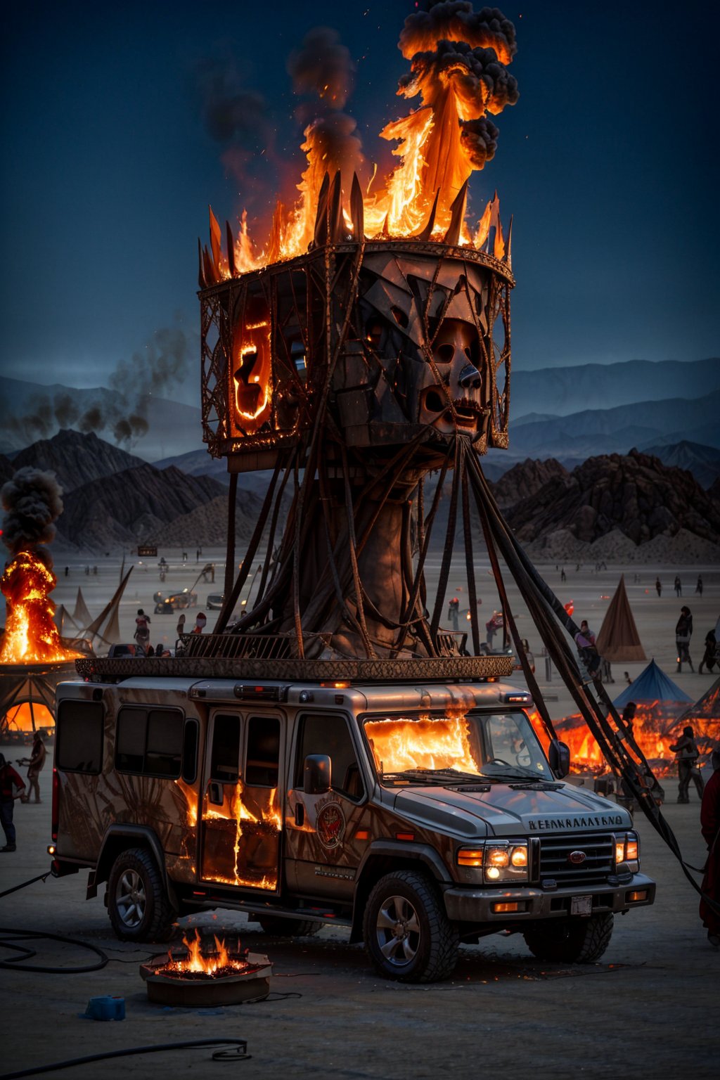 8k masterpiece, best quality:1.2), ultra high definition, photorealistic, tens of thousands of people gather in Nevada’s Black Rock Desert to create Black Rock City, a temporary metropolis dedicated to community, art, self-expression, and self-reliance. In this crucible of creativity, all are welcome, burning man festival, black rock desert, black rock mountains in the background, monolithic structures of (ingenious futuristic art:1.2) otherworldly, metal, wood, glass, fabric, art sculptures scattered over the huge festival area, the cartwheel pattern micro city of campers and festival attractions encompasses a central 90 feet tall wickerman:1.4, flames are billowing out from a burning man sculpture, burning man, burning man nevada, amazing fire art, giant sculpture, style blend of burning man, body made of fire, breath taking, all face covered with a fire, dramatic artwork, absolutely outstanding image, stunning art, head exploding, large flames, fire tornado, BREAK art performers, (bizarre vehicles:1.3), l.e.d covered vehicles light up the playa, (hedonistic:1.3) ambience, free spirit attitude, hippy vibe, intricate details of art installations, highly detailed art sculptures,JessicaWaifu