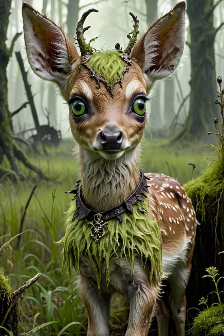 zombie fawn, very cute, standing in a haunted meadow, spooky, highly detailed, up close, sickly green mossy fur, decayed leather collar, swamp witch's familiar, pale gray eyes