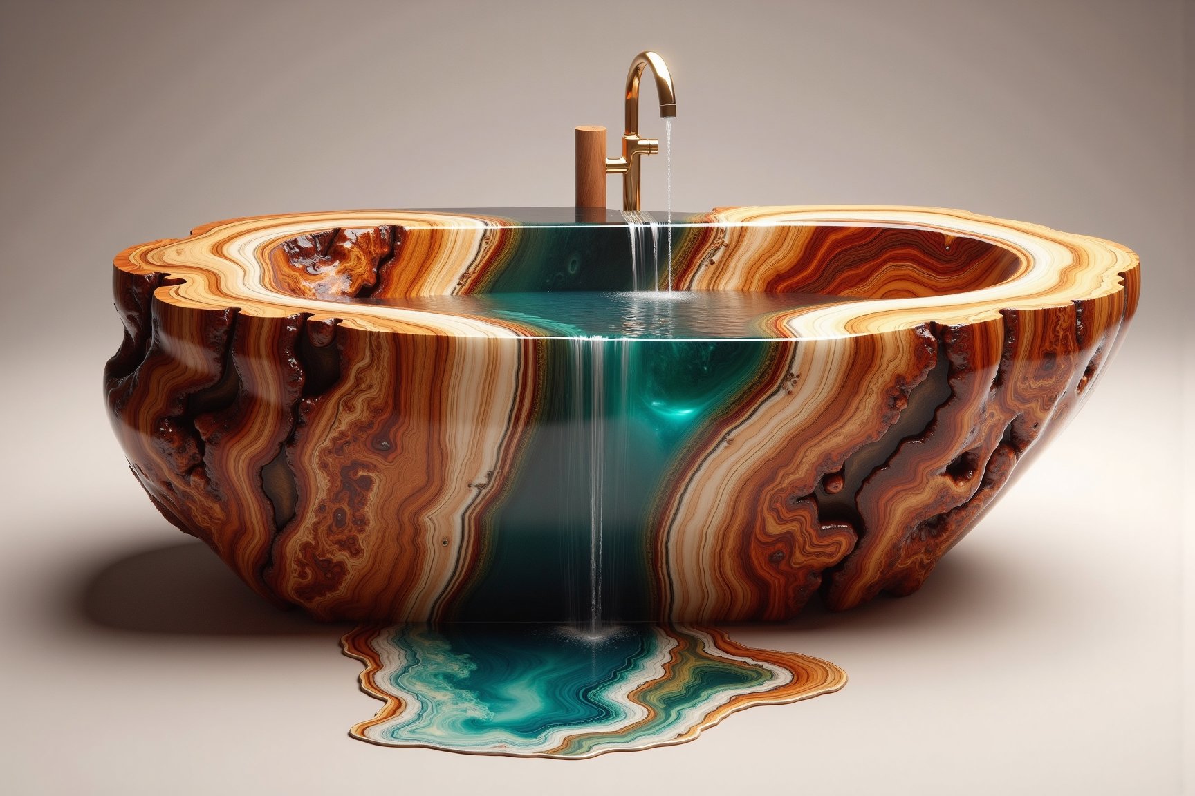 ResinflowFu510n style
This image is a highly detailed, CGI-rendered photograph of an extraordinary bathtub. The bathtub is uniquely crafted from a single piece of wood, showcasing the natural grain and texture of the wood, including swirling patterns of light and dark brown hues. The wood's grain transitions seamlessly into a flowing waterfall which cascades over the edge and pools on to the floor.