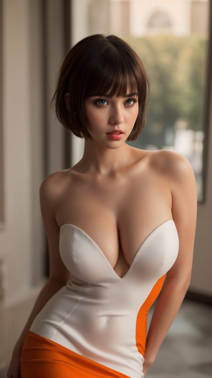 (best quality,4k,8k,highres,masterpiece:1.2),ultra-detailed,(realistic,photorealistic,photo-realistic:1.37), photorealistic, photography,1girl, solo, looking at viewer, short hair, bangs, black hair, orange dress, parted lips, (orange and white dress:1.2), professional photography,realistic