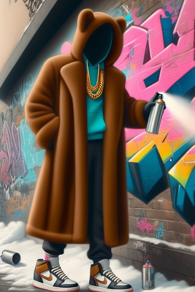 a spraycan in a fur coat electricboogaloostyle, no face, solo, gloves, long sleeves, holding, jewelry, standing, full body, shoes, black gloves, socks, pants, hood, necklace, coat, chain, sneakers, hood up, wall, brown coat, hooded coat, graffiti, spray can