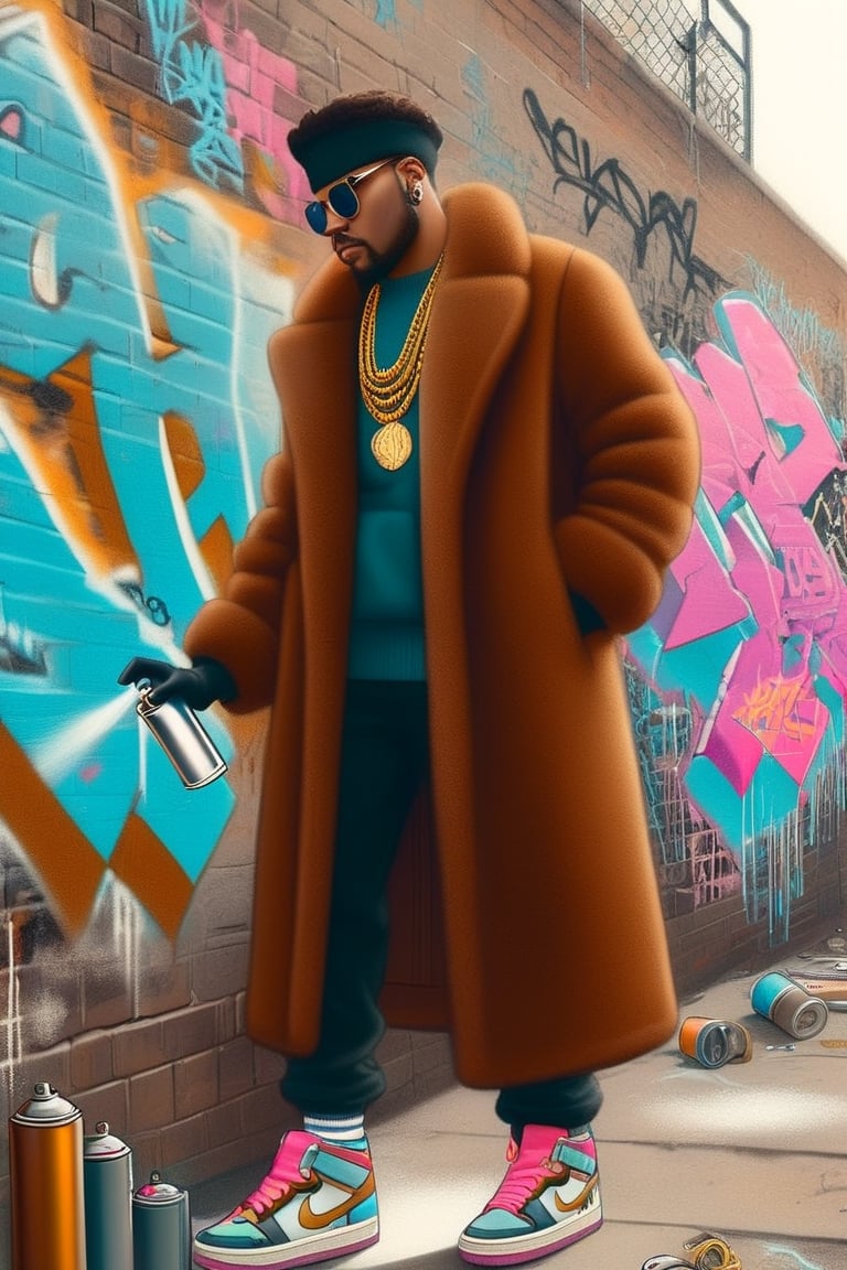 electricboogaloostyle, solo, gloves, long sleeves, jewelry, standing, full body, shoes, black gloves, socks, pants, necklace, coat, chain, sneakers, wall, brown coat, graffiti, spray can