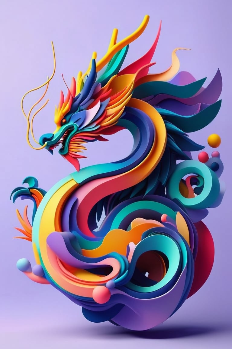 abstrgn dragon, minimalistic colourful organic forms, energy, assembled, layered, depth, alive vibrant, 3D, abstract, on a simple light purple background, deep depth of field