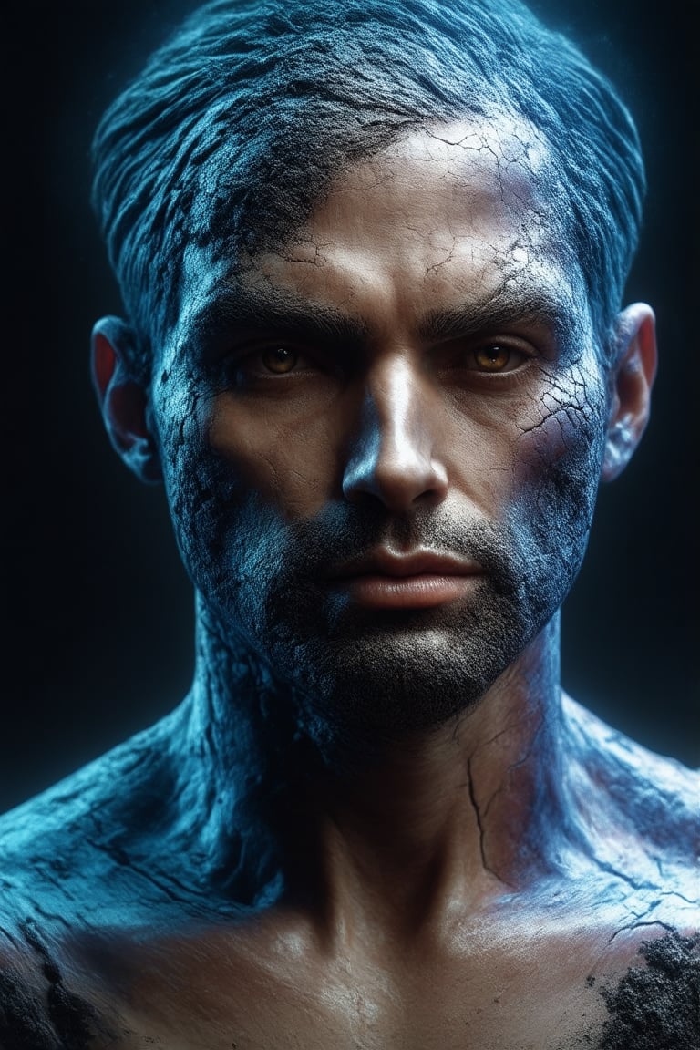 portrait of a ultrarealistic human man. 8k resolution, 4k image. HDR highly detailed. vivid. UHD, amazing depth, glowing rich colors, powerful imagery, incinerated ash arm, macro textured black ash arm, deep fine cracks, kintsugi, soft focus, half body editorial shot, depth of field, intricately hyperdetailed, amazing depth, expansive details, cracked surface, iridescent surface, Anna Dittmann, Dominic Qwek, complex masterwork by head of prompt engineering, ap0l0n1artSHC