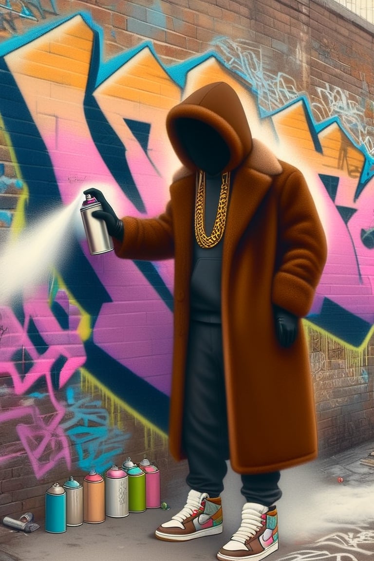 electricboogaloostyle, no face, solo, gloves, long sleeves, holding, standing, full body, shoes, pants, coat, no humans, sneakers, wall, brown coat, graffiti, spray can
,no face