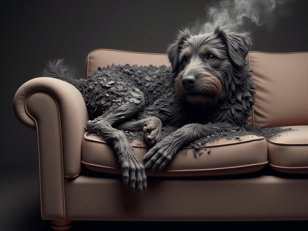 A highly detailed SponHumC0mbu5t style image of a dog laying on a sofa, his legs have turned completely to ash