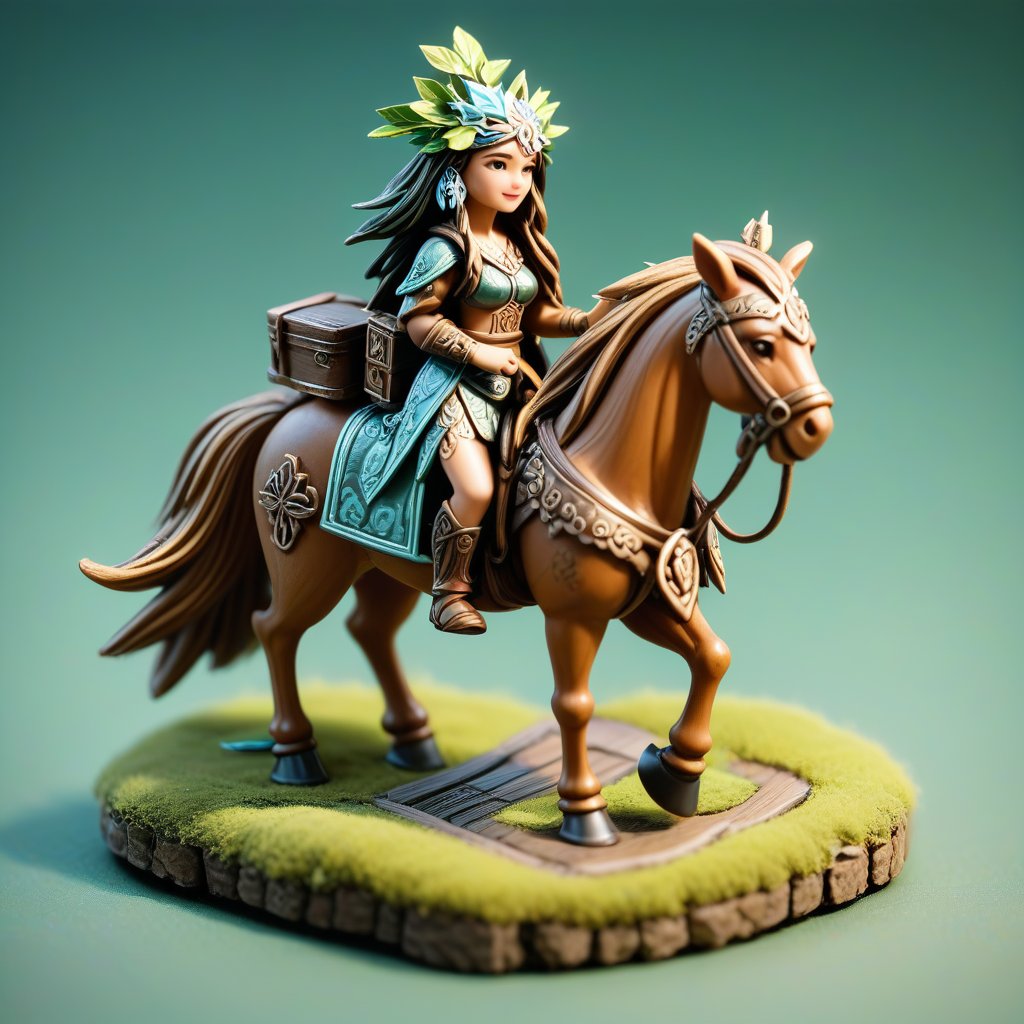 A druidic maiden on horseback, isometric, miniature, tilt shift, Th3Dru1d5