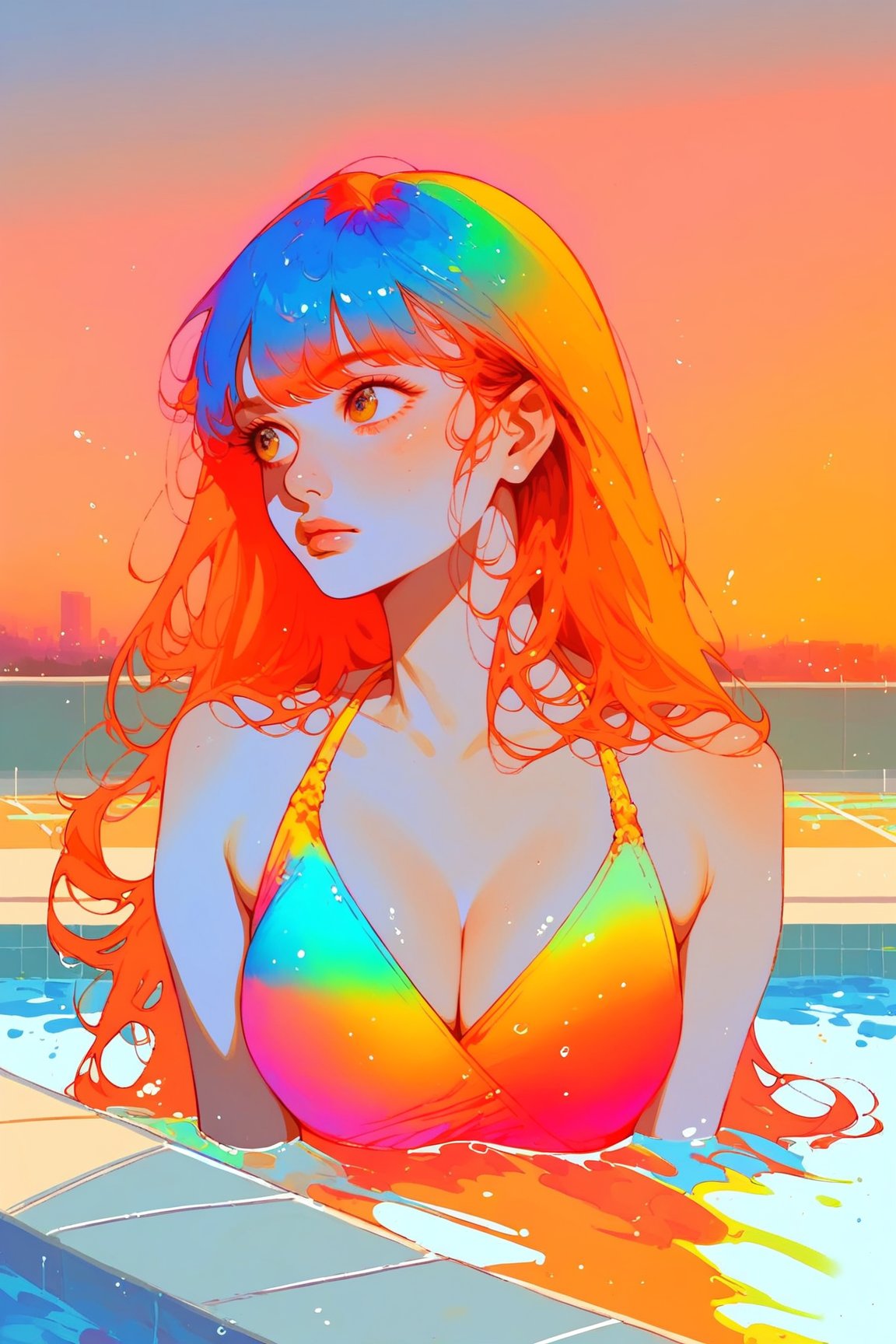 score_9, score_8_up, score_7_up, 1girl, long hair, bangs, half body in pool, (bikini), cleavage, in hair, colourful, thermal, orange, green, yellow, blue, rooftop pool, sunset, skyline 