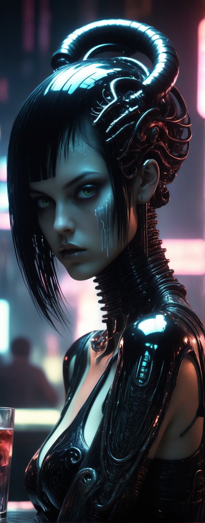 (By Lovecraft, Shinkai, Giger) a beautiful 20 year old alternative replicant beauty, big breasts, sitting at a blade runner bar, blown glass aesthetics, metallic atmosphere, atomic neon, timeshift reflections, 