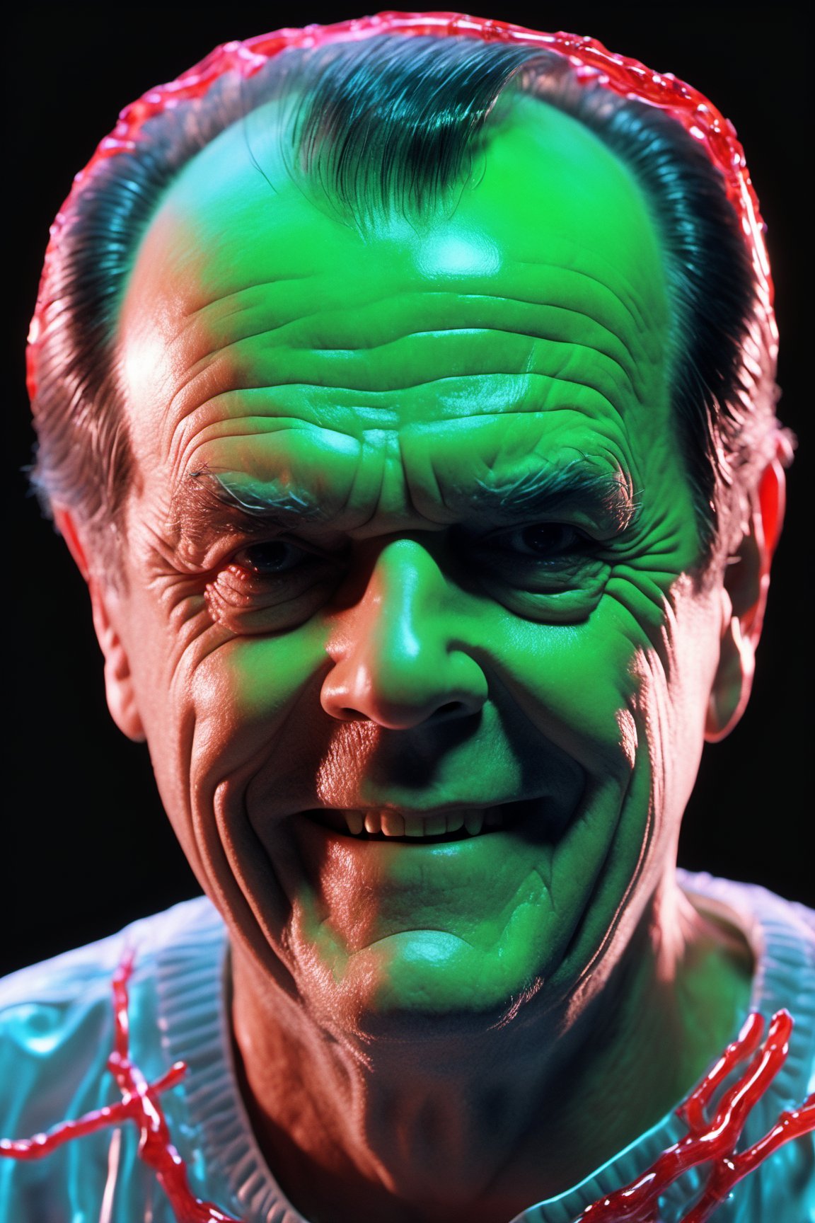  anatomically correct a biomechanical jack Nicholson from one flew over the cuckoo's nest,subsurface scattering, transparent, translucent, glow, bloom, Bioluminescent green and red liquid,3d style,cyborg style,Movie Still,Leonardo Style