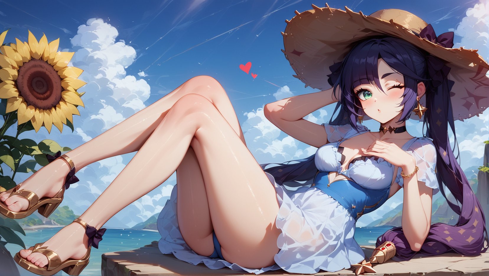 score_9, score_8_up, score_8_up, rating_safe, 4RCH0N, Expressiveh, ear piercings, cliff background, legs_crossed, looking at viewer, blowing kiss, one eye closed, heart blush, shiny skin, mona_(genshin_impact), genshin_impact, 1girl, black_hair, green_eyes, stockings, sundress, straw_hat, sandals, sunflowers, k1ss3s