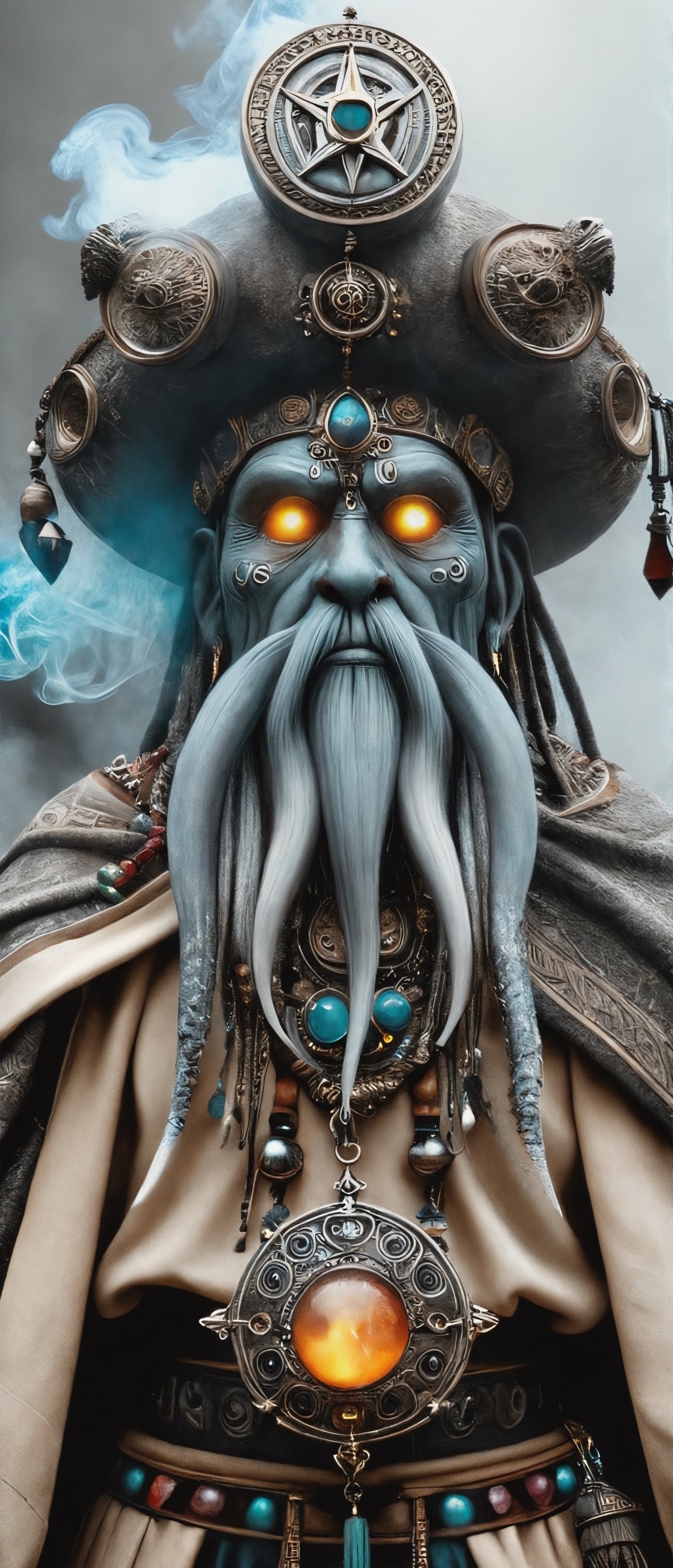 incredible depiction of a anthropomorphic octopus shaman, ancient and old, ornate trinkets, elaborate, tribal, beautiful, highly detailed and intricate, hypermaximalist, ornate, luxury, ominous, smoke, atmospheric desert, haunting, matte painting, cinematic, cgsociety, Antonio J. Manzanedo, Vladimir Matyukhin, Brian froud