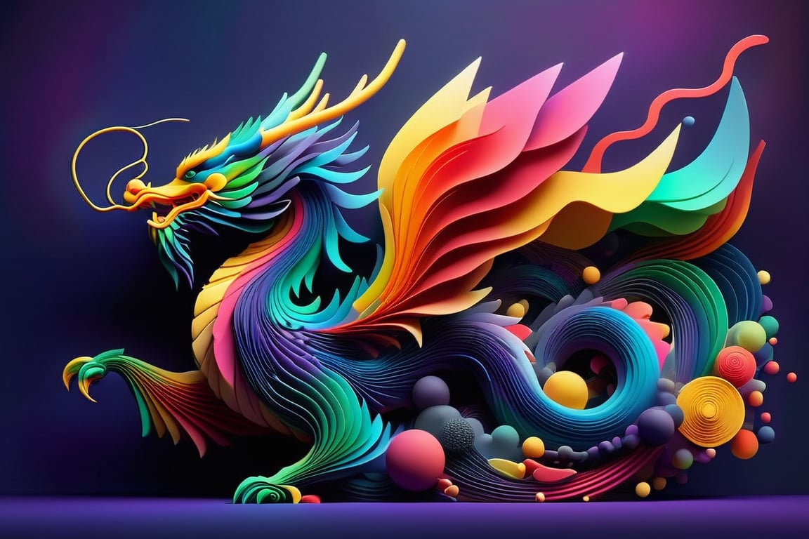 abstrgn dragon from a side view, minimalistic colourful organic forms, energy assembled, layered, depth, alive vibrant, 3D, abstract, full body, no humans, powerful claws, majestic tail, sweeping intricate horns, floating particles, eastern dragon, shadow, simple dark star-filled background