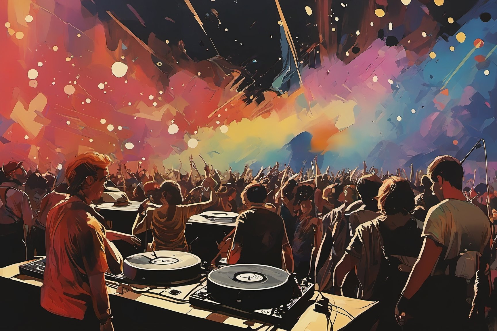 The 1988 raindance rave, dawn breaks on a handful of people scattered in a wide open field, ((panoramic, wide angle shot:1.4)), dark gold theme, psychedelic, flat horizon, (((countryside field: 1.2))), the sunlight rushes through the space between people, creating a scene of space and togetherness, illuminating the horizon and warming the bodies of those still dancing and rejuvenating their passion for the music, the energy of those left standing begins to pulse heavily again as the DJ starts to accelerate the hypnotic beats of acid house music, ravers are lost in the rhythm and full of euphoric love for each other. The air is thick with the scent of sweat, mingling with the sweet aroma of incense. As dawn breaks and the sunlight streaks through the ravers like laser beams, a collective sense of unity and euphoria permeates the crowd, marking this moment as a timeless celebration of the summer of love, oldschool ((retro style)), ((film grain)), 1980s (style), ((acid house aesthetics)), ((volumetric mist)), nostalgic atmosphere, reverberating music, pumping bass, wide angle shot, 1980's photographic resolution, kodak film photograph, on black oil, droplets, wind, red oil rain, colorful, luminism, bioluminescence, studio lighting, hyper detailed, (masterpiece, best quality:1.4), absurdres, vibrance, ray tracing reflection, sharp focus, shallow depth of field detailed background, (ultra realistic:1.2), 16k resolution.,AshleyWoodArtAI,greg rutkowski,1980s (style)