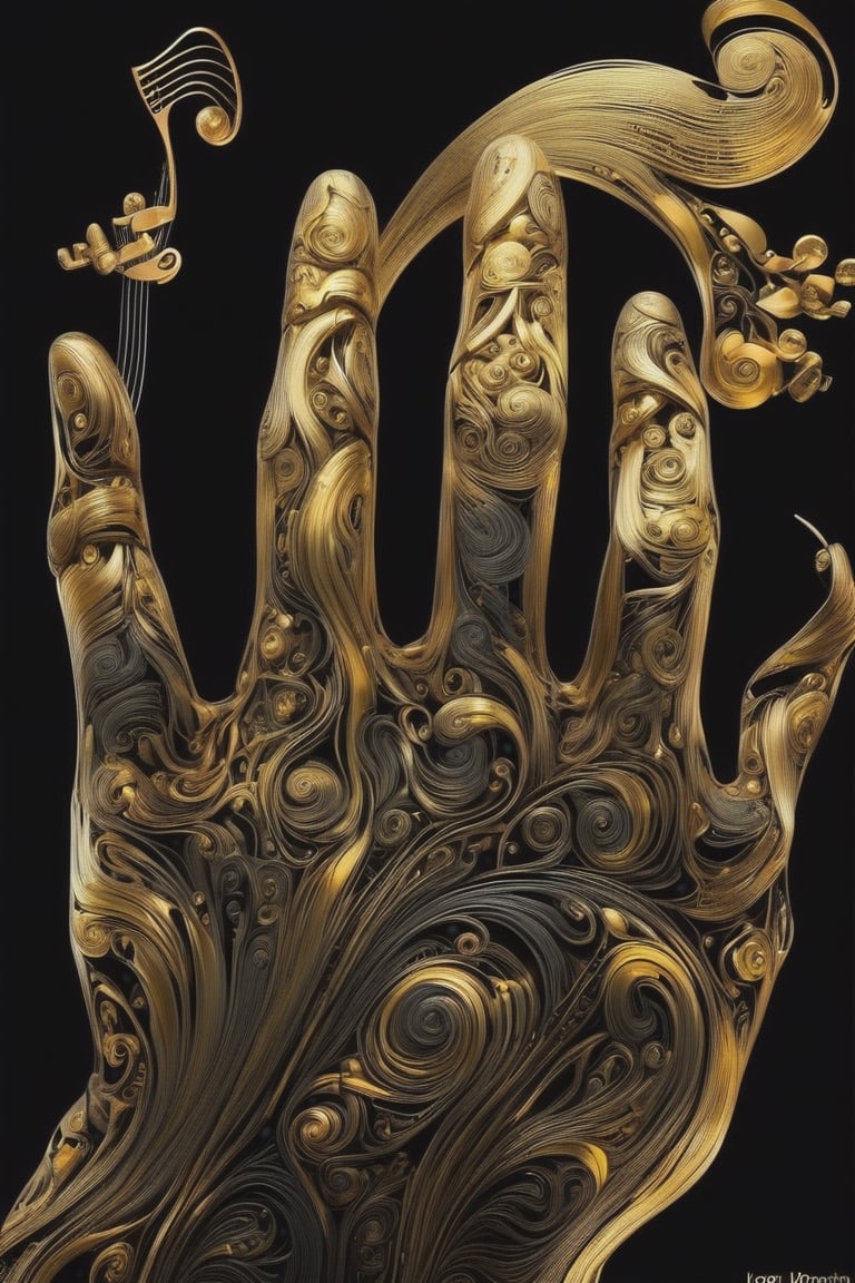 (d4m4scus style:1.3) [giant musical note : ethereal fantasy concept art of [ a glitched silhouette outline of blooming fingers : dystopian cubism and gold leaf particles and filigree and sinusoidal distortions 10 ] : 3], by (Igor Morski and Anna Dittmann:1.2), pitch black background