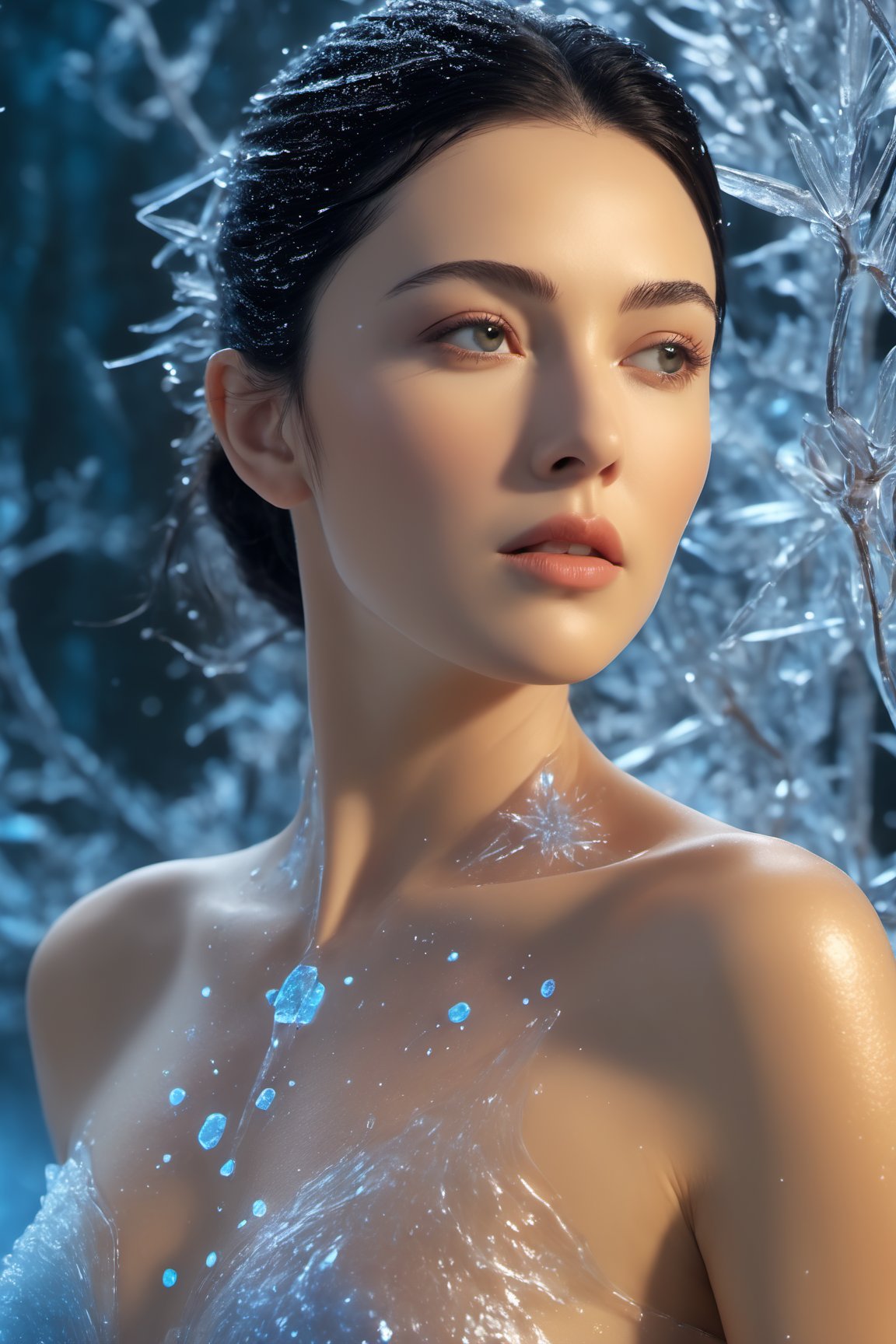 the frozen human body, full body, nature, subsurface scattering, transparent, translucent skin, glow, bloom, Bioluminescent liquid,3d style,cyborg style,Movie Still,Leonardo Style, warm color, vibrant, volumetric light, naked, nudity, hard nippels,xxmix_girl,Monica Bellucci