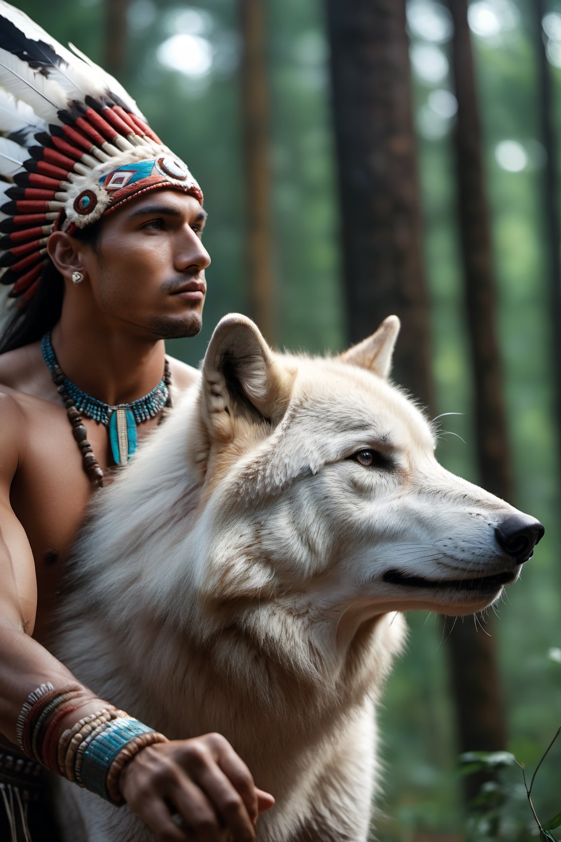 Cinematic of handsome Native Americans, Tribal warrior, brown_skin:1.2, realistic skin, long black hair, dressed in typical tribal warrior clothing, realistic muscle, (Indian hat) | (((Giant powerful White Wolf from behind))), the wolf is bigger than the man, Cinematographic, In the middle of a deep and dark forest. Leonardo Style, realistic film shot in natural light, best quality, 8k, detailed hand, detailed finger, high detail, accessory details, cover_foot, Film Still, (Depth of field:1.3), Bokeh light, glowing,male, ((full_body shot)), look straight ahead