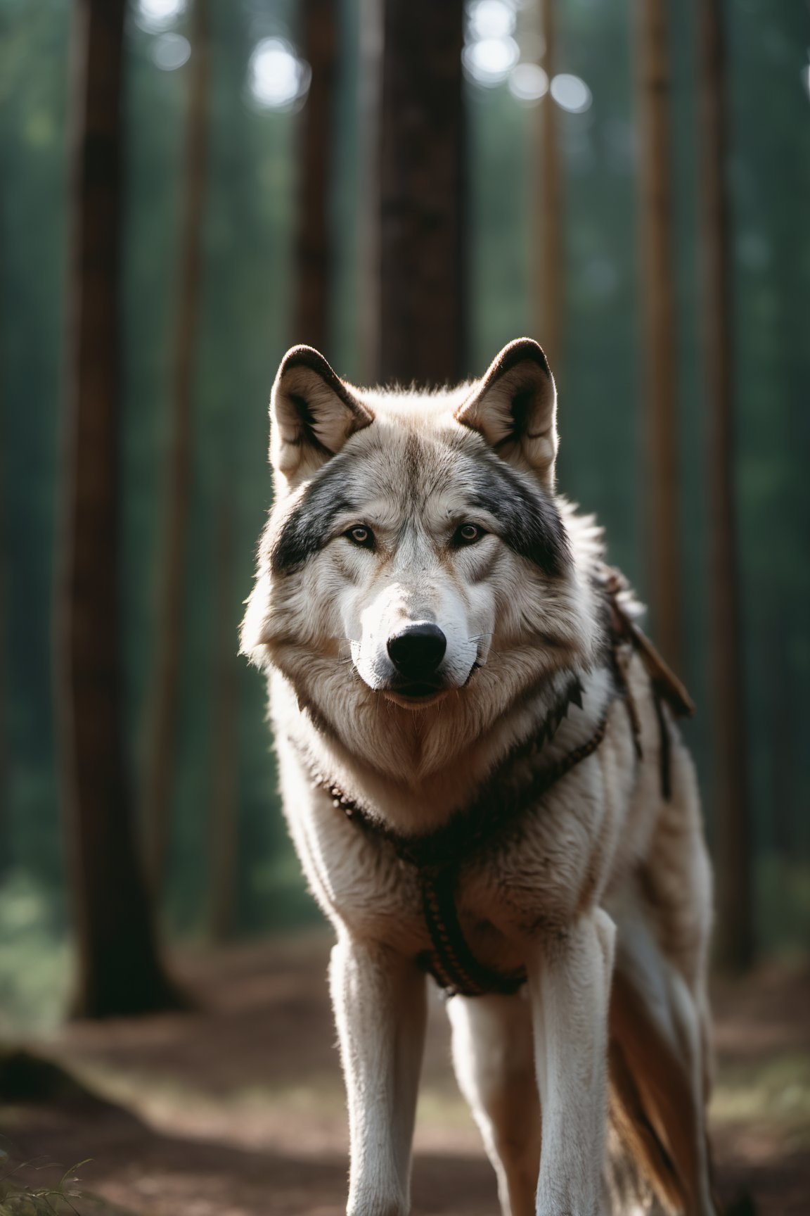 Cinematic of handsome Native Americans, Tribal warrior, brown_skin:1.2, realistic skin, long black hair, dressed in typical tribal warrior clothing, realistic muscle, (Indian hat) | (((Giant powerful White Wolf from behind))), the wolf is bigger than the man, Cinematographic, In the middle of a deep and dark forest. Leonardo Style, realistic film shot in natural light, best quality, 8k, detailed hand, detailed finger, high detail, accessory details, cover_foot, Film Still, (Depth of field:1.3), Bokeh light, glowing,male, ((full_body shot)), look straight ahead