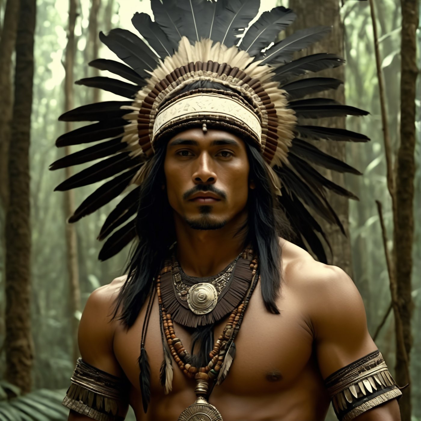 ((Cinematic of handsome Aztec King)), Tribal, Indian warrior, cool_man, feather hat, ((huge white wolf is looking viewer)) Cinematographic frame, filmed by Guillermo del Toro, In the middle of a deep and dark forest, long black hair, dressed in typical tribal warrior clothing, loincloths of dry leaves trivial ornaments, realistic film shot in natural light, best quality, 8k, village lost in the jungle, brown_skin:1.2, 6000, detailed hand, detailed finger, cover_foot, Film Still