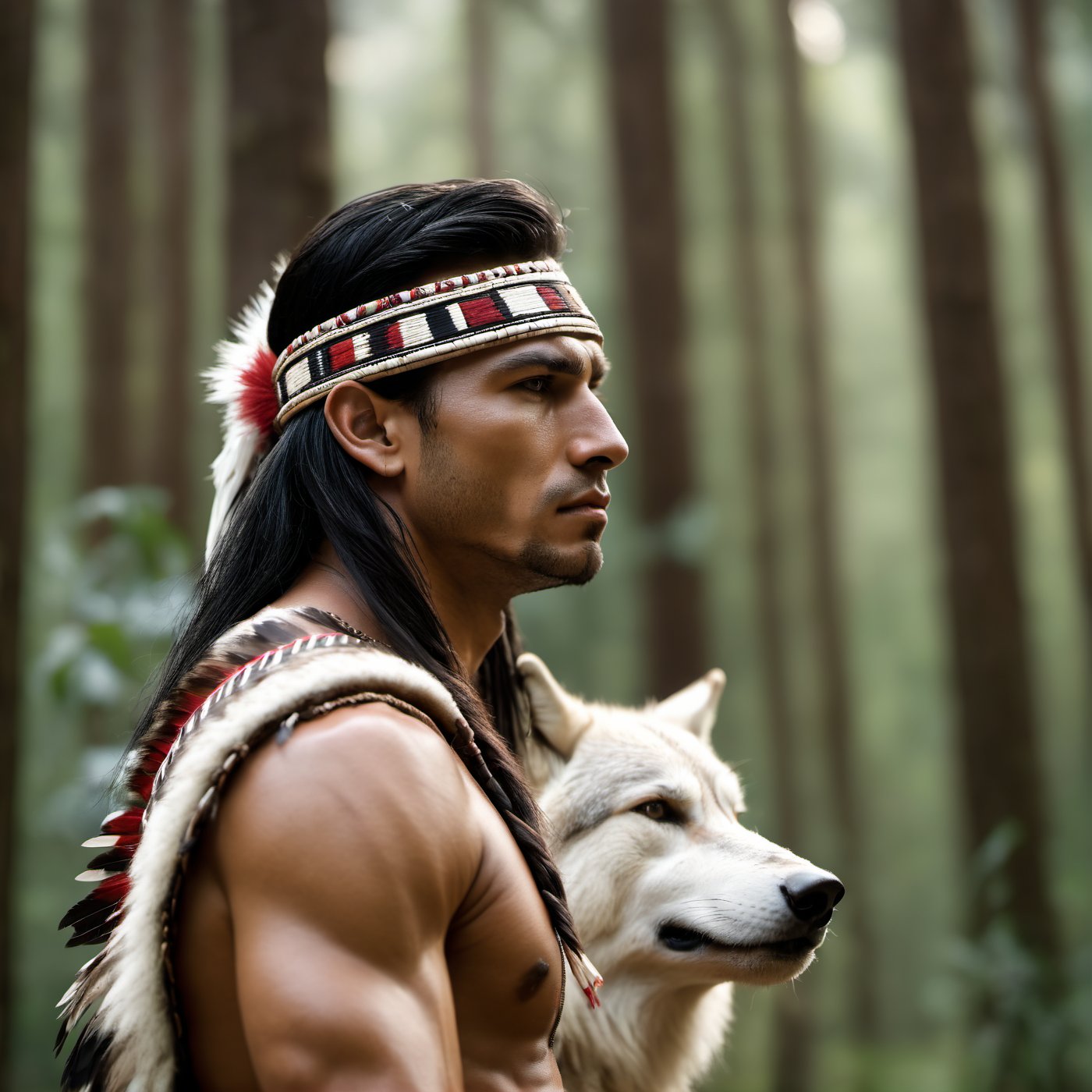 Cinematic of handsome Native Americans, Tribal warrior, brown_skin:1.2, realistic skin, long black hair, dressed in typical tribal warrior clothing, realistic muscle, (Indian hat) | (((Giant powerful White Wolf from behind))), the wolf is bigger than the man, Cinematographic, In the middle of a deep and dark forest. Leonardo Style, realistic film shot in natural light, best quality, 8k, detailed hand, detailed finger, high detail, accessory details, cover_foot, Film Still, (Depth of field:1.3), Bokeh light, glowing,male, ((full_body shot)), look straight ahead