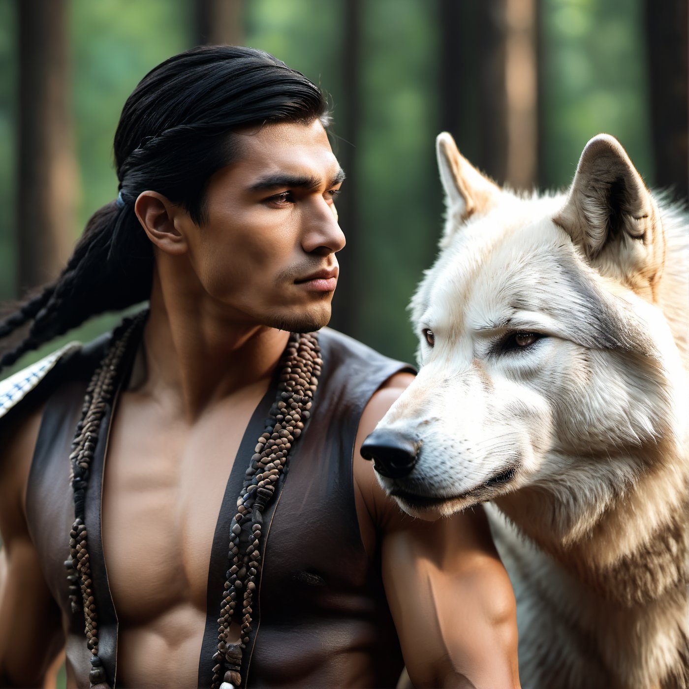 Cinematic of handsome Native Americans, Tribal warrior, brown_skin:1.2, realistic skin, long black hair, dressed in typical tribal warrior clothing, realistic muscle, (Indian hat) | (((Giant powerful White Wolf from behind))), the wolf is bigger than the man, Cinematographic, In the middle of a deep and dark forest. Leonardo Style, realistic film shot in natural light, best quality, 8k, detailed hand, detailed finger, high detail, accessory details, cover_foot, Film Still, (Depth of field:1.3), Bokeh light, glowing,male, ((full_body shot)), look straight ahead