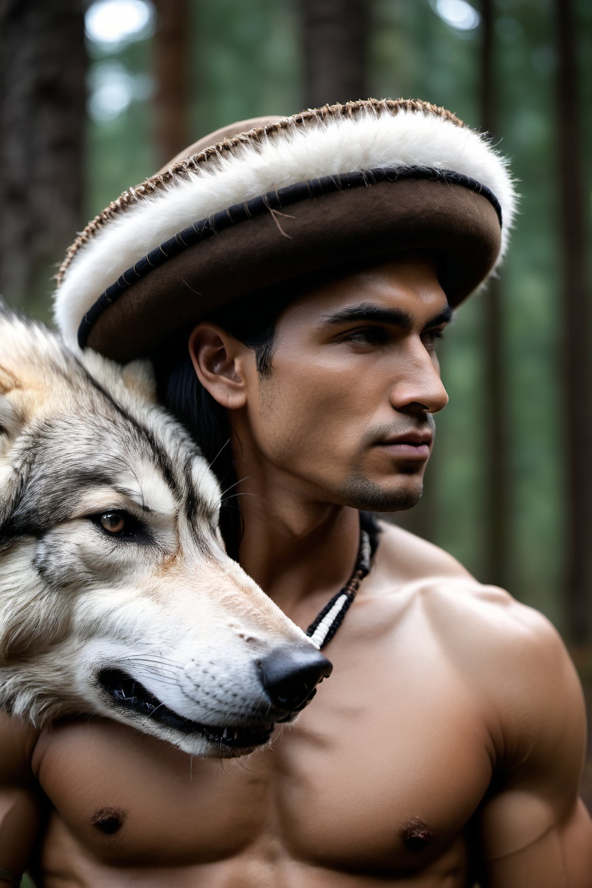 Cinematic of handsome Native Americans, Tribal warrior, brown_skin:1.2, realistic skin, long black hair, dressed in typical tribal warrior clothing, realistic muscle, (Native Americans hat) | (((Giant powerful White Wolf from behind))), the wolf is bigger than the man, Cinematographic, In the middle of a deep and dark forest. Leonardo Style, realistic film shot in natural light, best quality, 8k, detailed hand, detailed finger, high detail, accessory details, cover_foot, Film Still, (Depth of field:1.3), Bokeh light, glowing,male, full_body