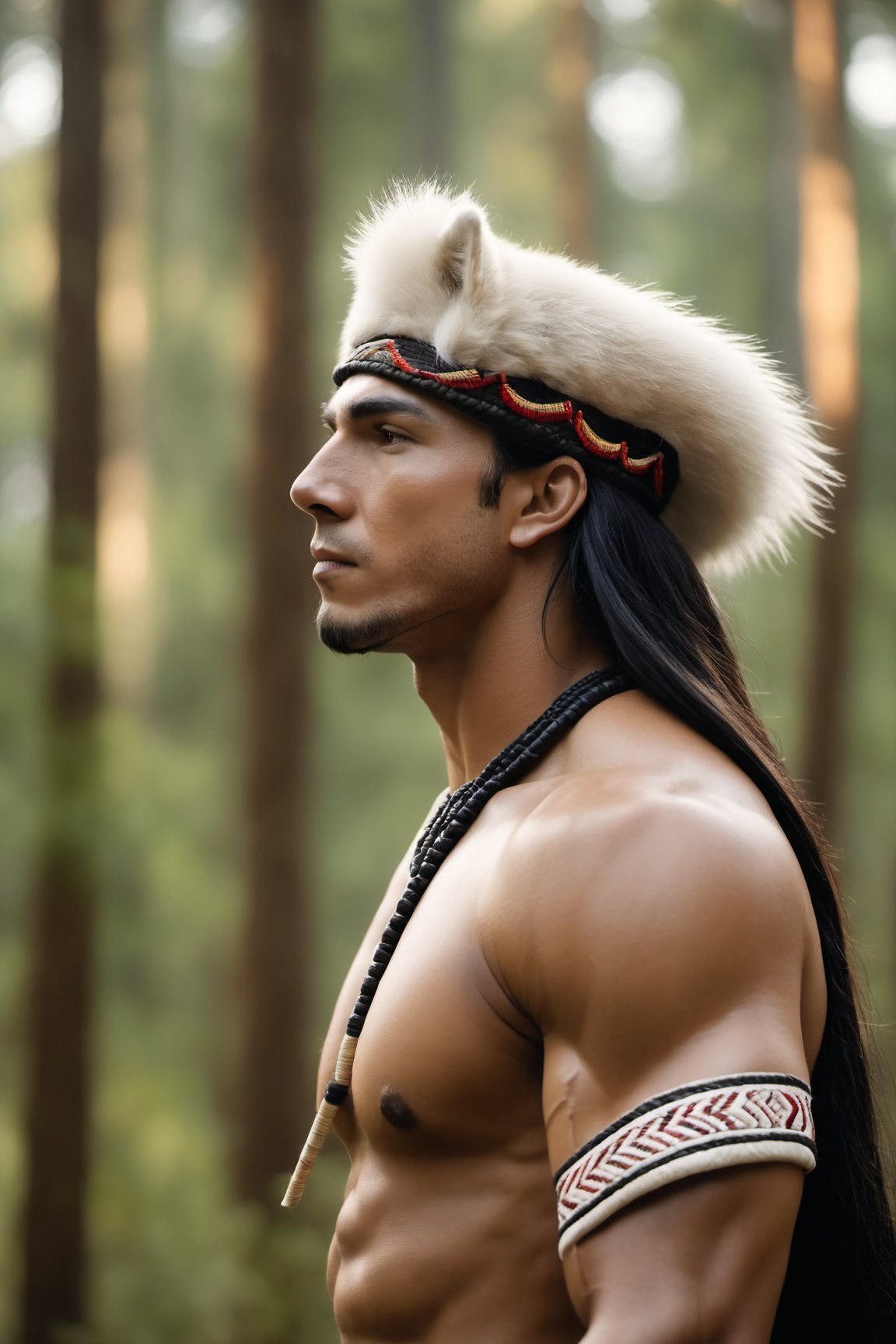 Cinematic of handsome Native Americans, Tribal warrior, brown_skin:1.2, realistic skin, long black hair, dressed in typical tribal warrior clothing, realistic muscle, (Native Americans hat) | (((Giant powerful White Wolf from behind))), the wolf is bigger than the man, Cinematographic, In the middle of a deep and dark forest. Leonardo Style, realistic film shot in natural light, best quality, 8k, detailed hand, detailed finger, high detail, accessory details, cover_foot, Film Still, (Depth of field:1.3), Bokeh light, glowing,male