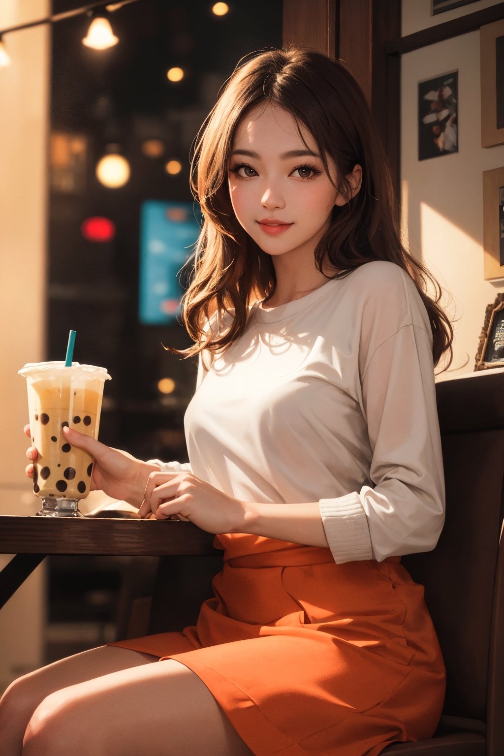 realistic, (masterpiece, best quality:1.2), beautiful and aesthetic, hires, bokeh, depth of field, HDR, godray, golden hour, (dusk),
1girl, sitting in a cafe, boba milk tea, smiling,
Long hairs, glossy coral lips, brunette, brown eyes,