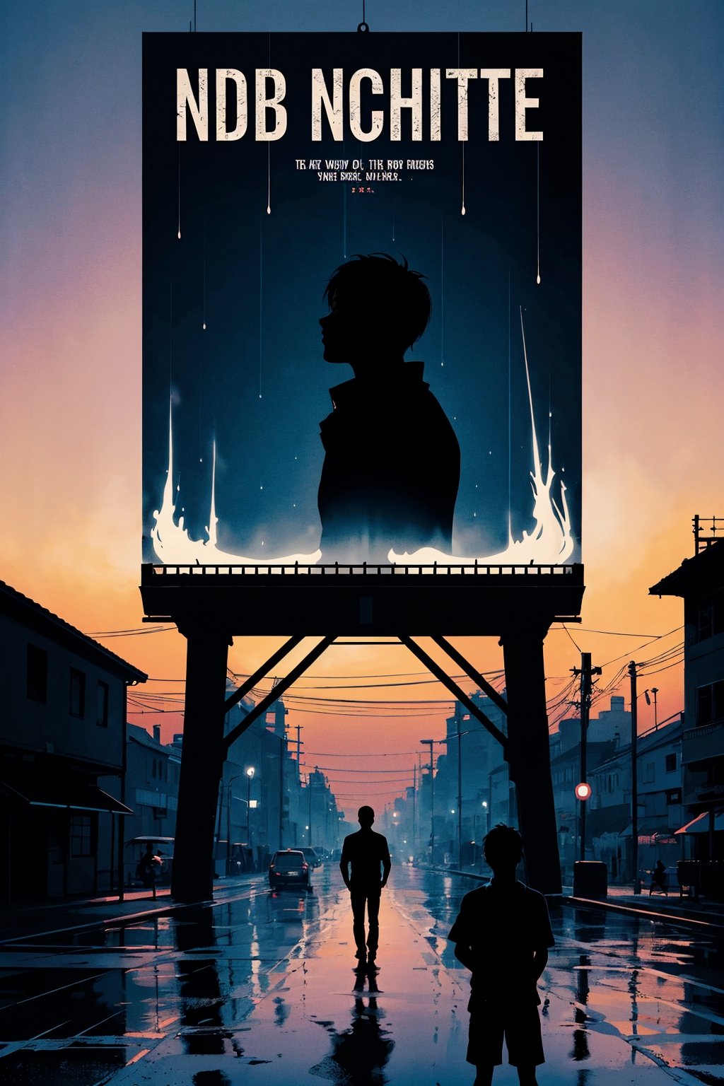 nighttime, dark, (silhouette:1.3), 1boy, looking at the sky, ((rain)), bridge, river, sad, ((movie poster))
