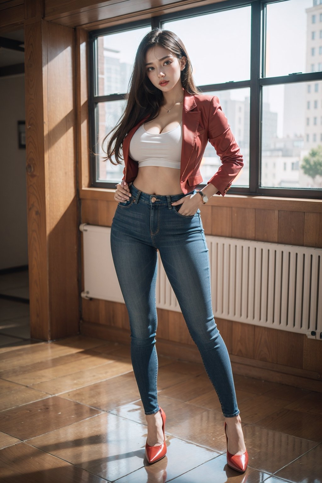 1girl, Blazer, skinny jeans, pumps, posing for a picture, professional photoshoot,
brunette, long hair, huge breasts, wide hips, glossy coral lips, seductive,