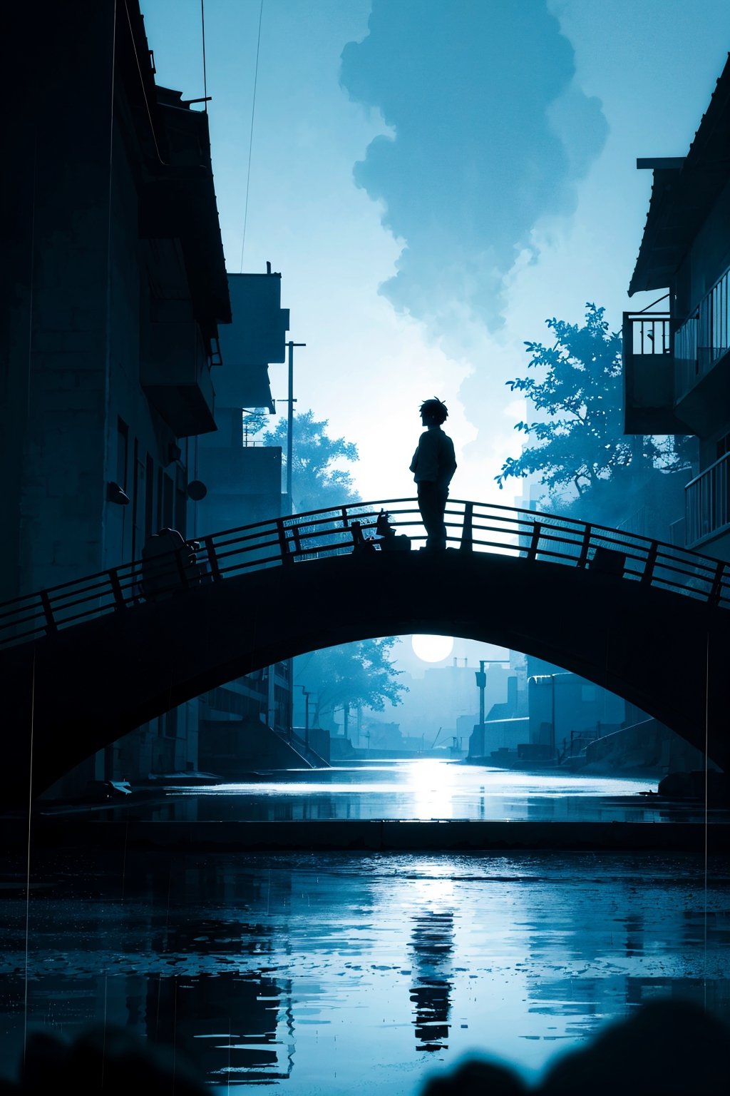 nighttime, dark, (silhouette:1.3), 1boy, looking at the sky, ((rain)), bridge, river, sad,